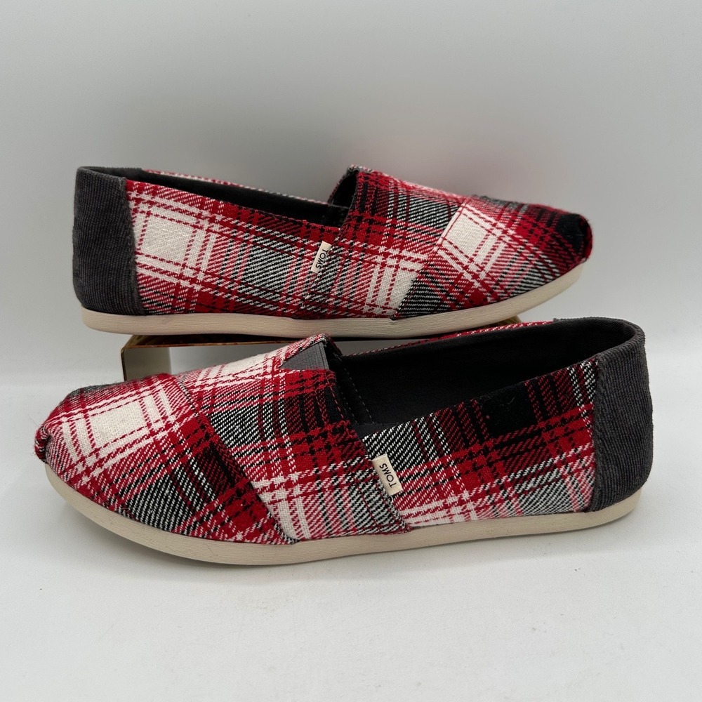 TOMS Alpargata Plaid Slip-On Shoes Red, Black & White Tartan Plaid NWOT 9